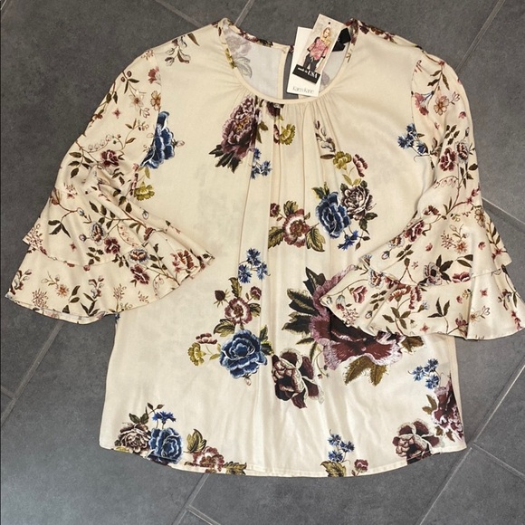 Karen Kane Floral Cream Women's Top Ruffled Elbow Sleeve S - Picture 15 of 15